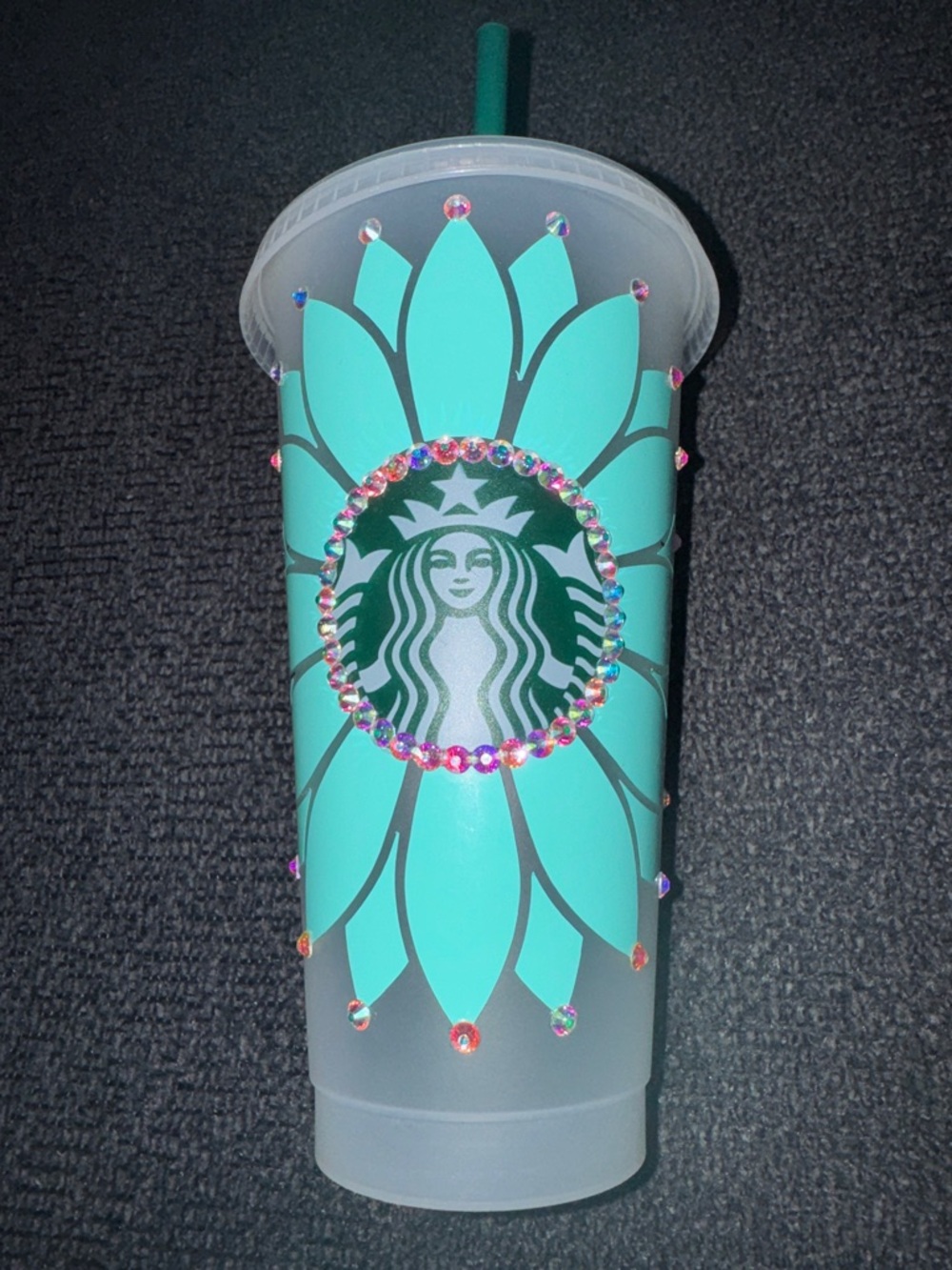Starbucks Teal Floral Cold Cup with Iridescent Gem Bling Accents